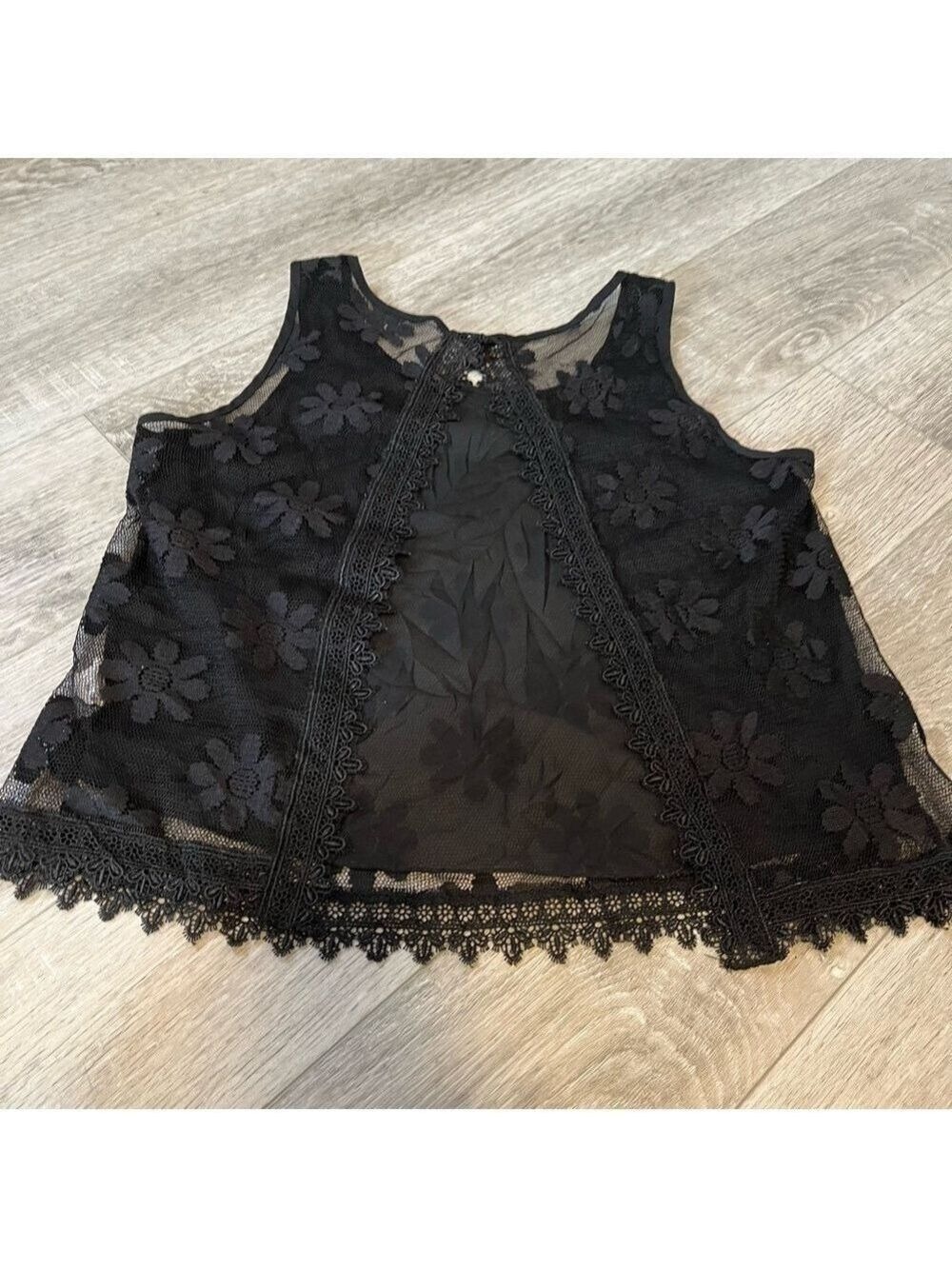 Black Sheer Lace Daisy Flower Sleeveless Top with Open Back S/M - Picture 5 of 14